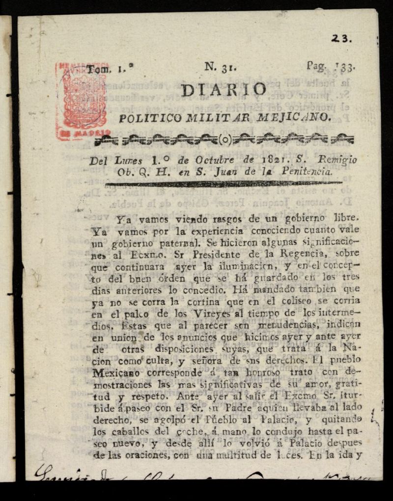 Diario Poltico Militar Mejicano del 1 de octubre de 1821