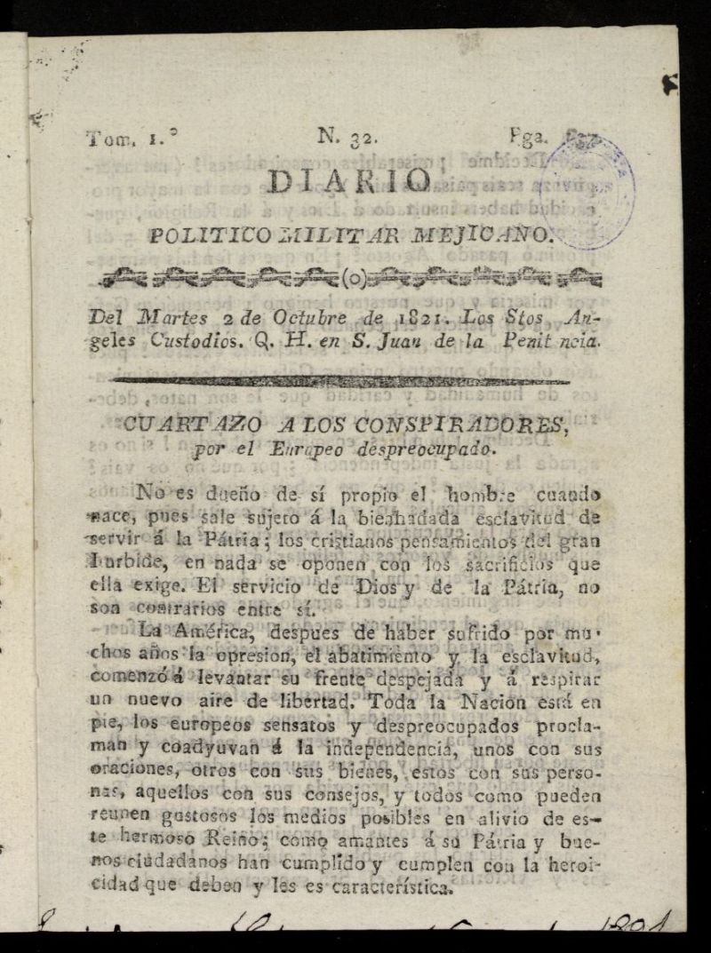 Diario Poltico Militar Mejicano del 2 de octubre de 1821