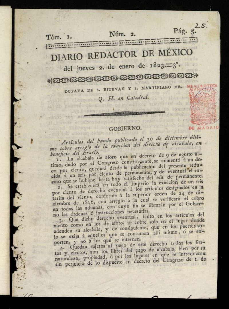 Diario Redactor de Mxico del 2 de enero de 1823