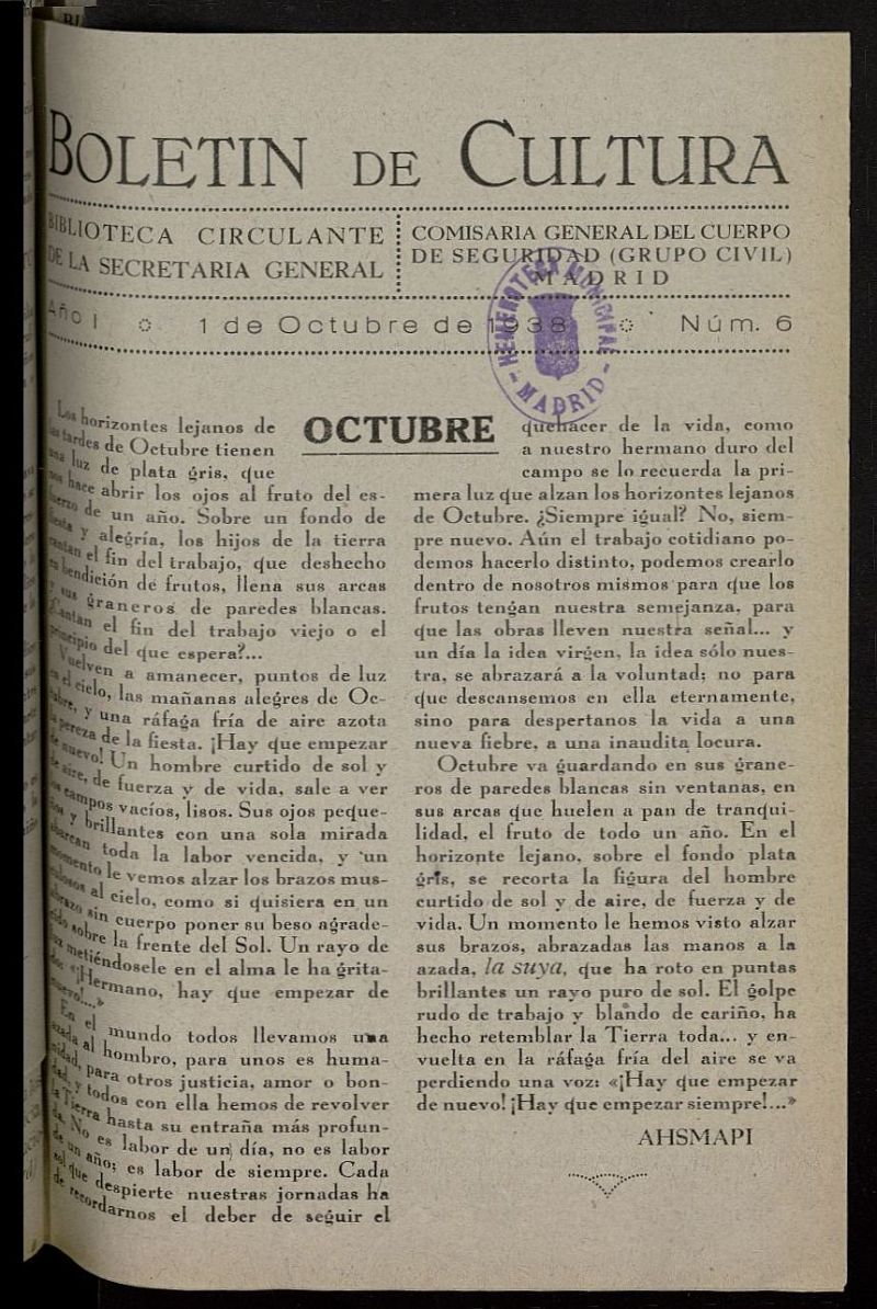 Boletn de Cultura: Boletn Circulante de la Secretara General del 1 de octubre de 1938