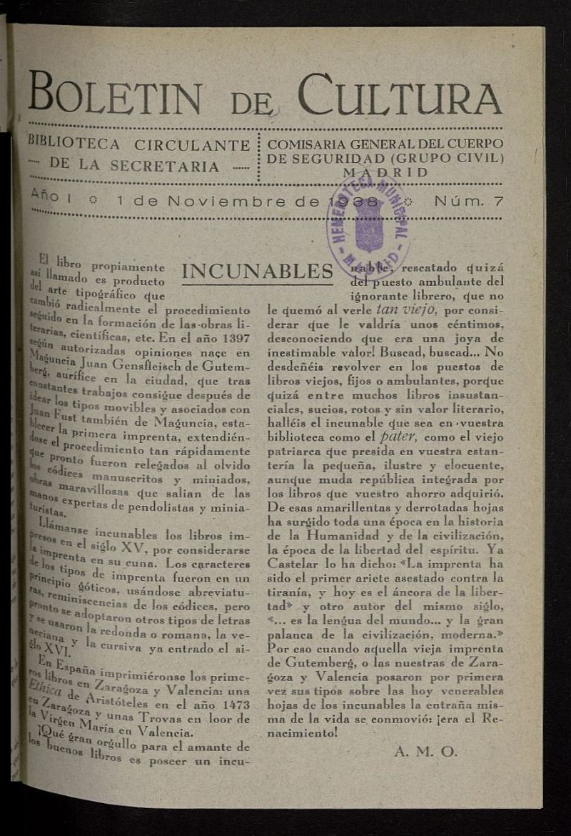 Boletn de Cultura: Boletn Circulante de la Secretara General del 1 de noviembre 1938