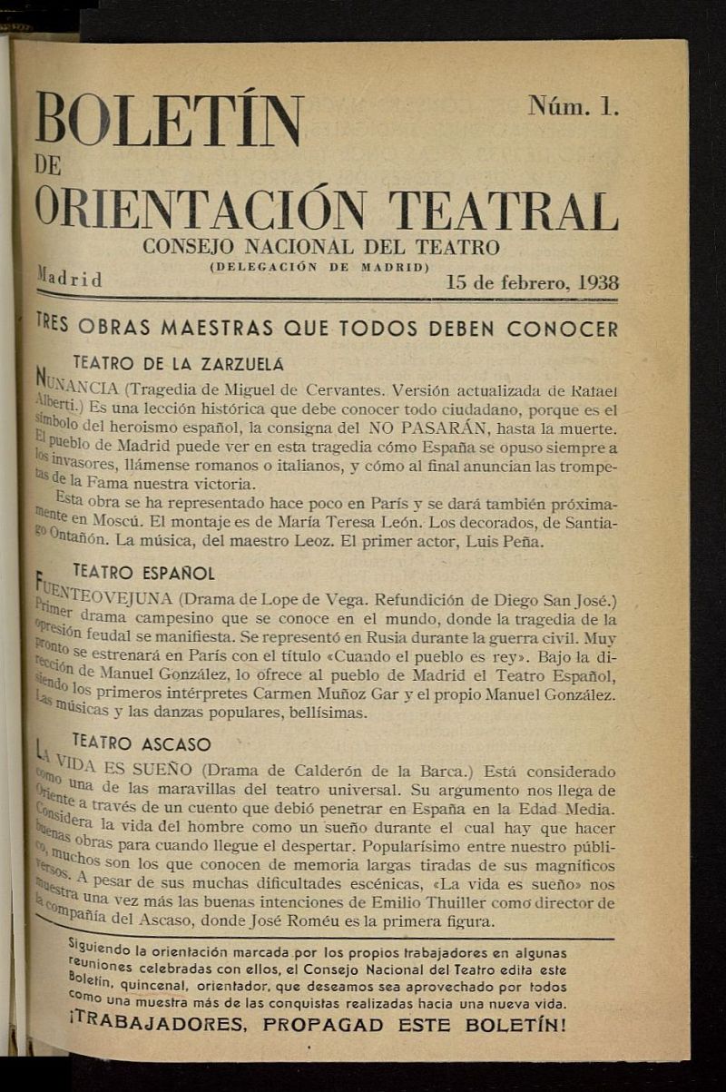 Boletn de Orientacin Teatral del 15 de febrero de 1938
