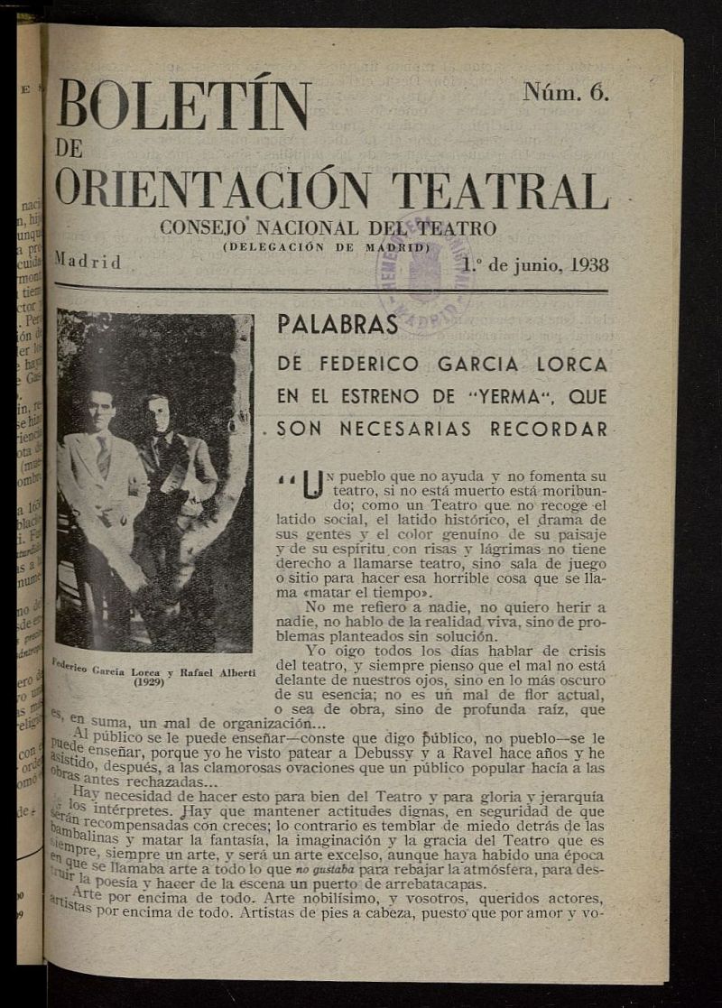 Boletn de Orientacin Teatral del 1 de junio de 1938