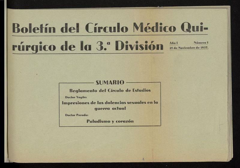 Boletín del Círculo Médico quirúrgico de la 3ª división del 21 de noviembre de 1937