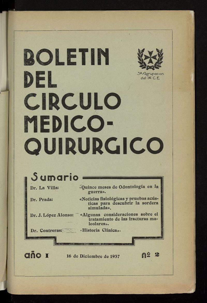Boletín del Círculo Médico quirúrgico de la 3ª división del 16 de diciembre de 1937