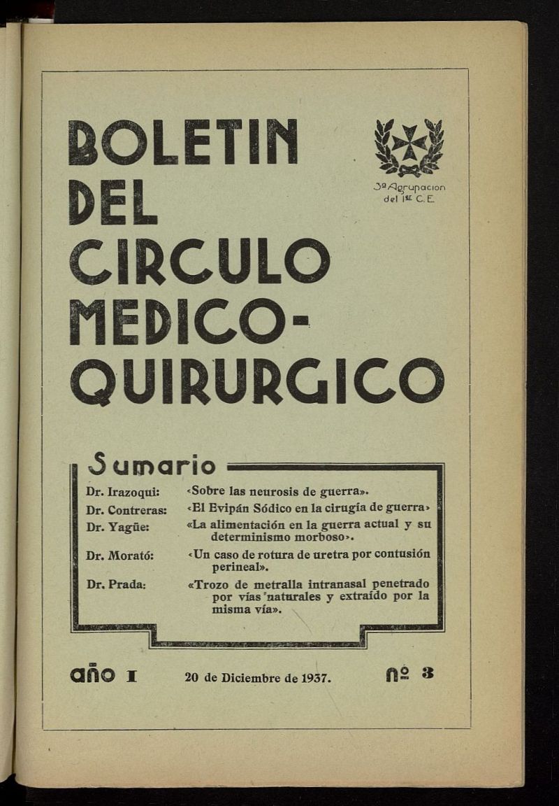 Boletín del Círculo Médico quirúrgico de la 3ª división del 20 de diciembre de 1937