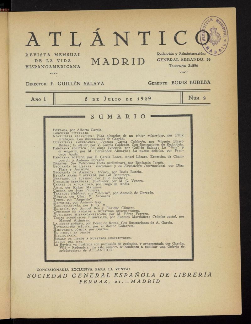 Atlntico: revista mensual de la vida hispanoamericana del 5 de julio de 1929