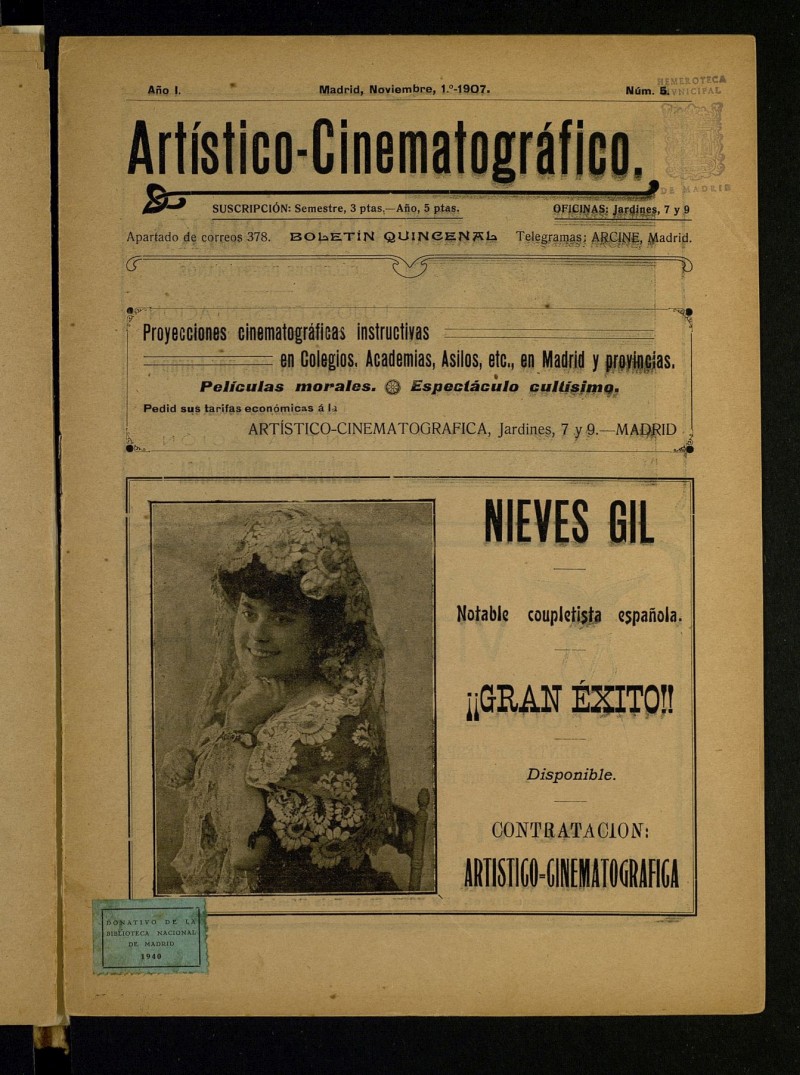 Artístico-Cinematográfico: Boletín Quincenal del 1 de noviembre de 1907