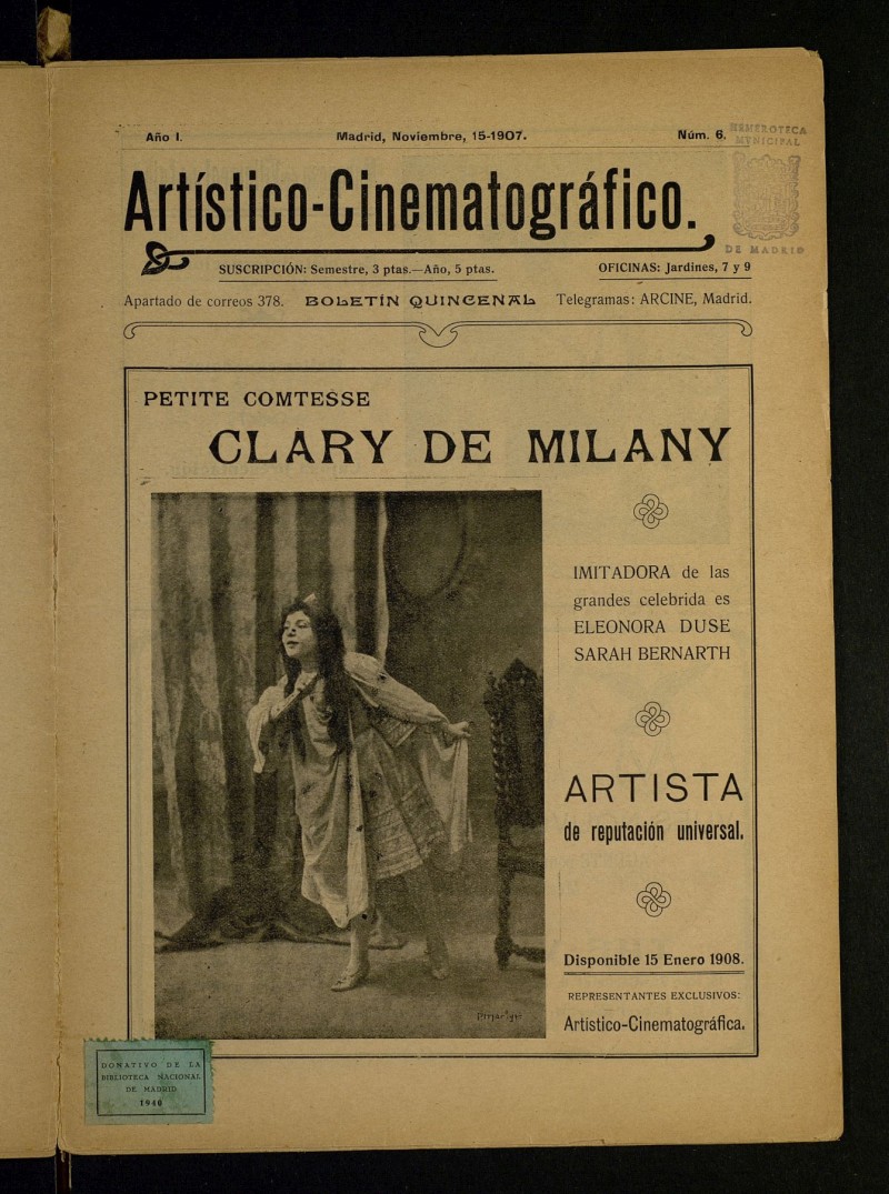 Artístico-Cinematográfico: Boletín Quincenal del 15 de noviembre de 1907