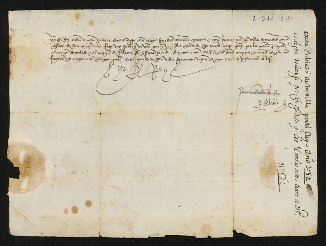Carta misiva de Juan II atendiendo una peticin del Concejo de Madrid referente al arzobispo de Toledo y el marqus de Santillana y prohibiendo que se aplique tercera a los legos