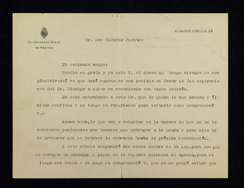 Carta del marqus de Valdeiglesias a Ricardo Fuente dicindole que intentar resolver el problema con la deuda que tiene el Sr. Hidalgo, recomendado de Fuente