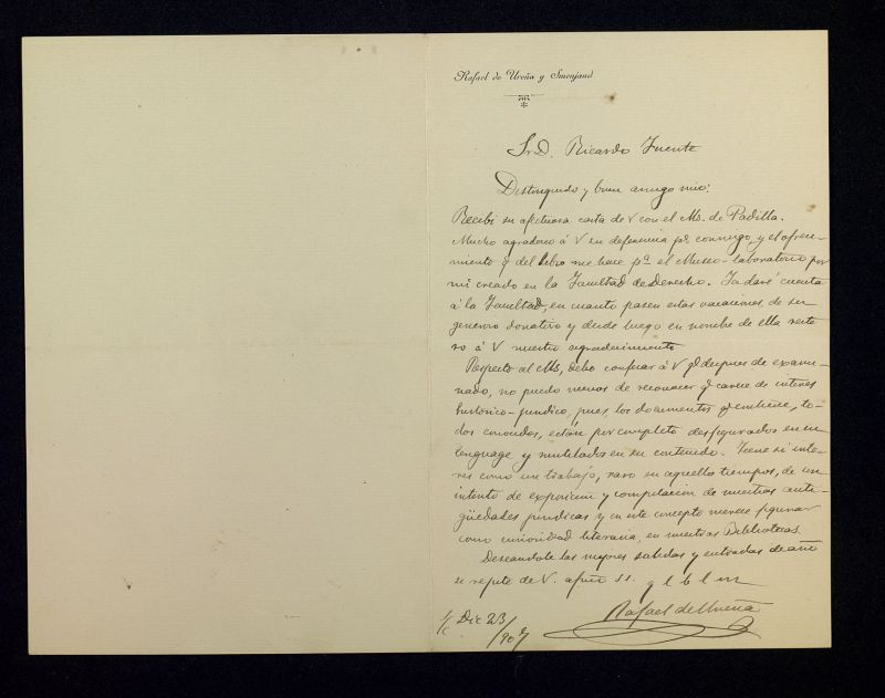 Carta de Rafael de Urea a Ricardo Fuente agradecindole su donacin del Manuscrito de Padilla al Museo-laboratorio que ha creado en la Facultad de Derecho de Madrid