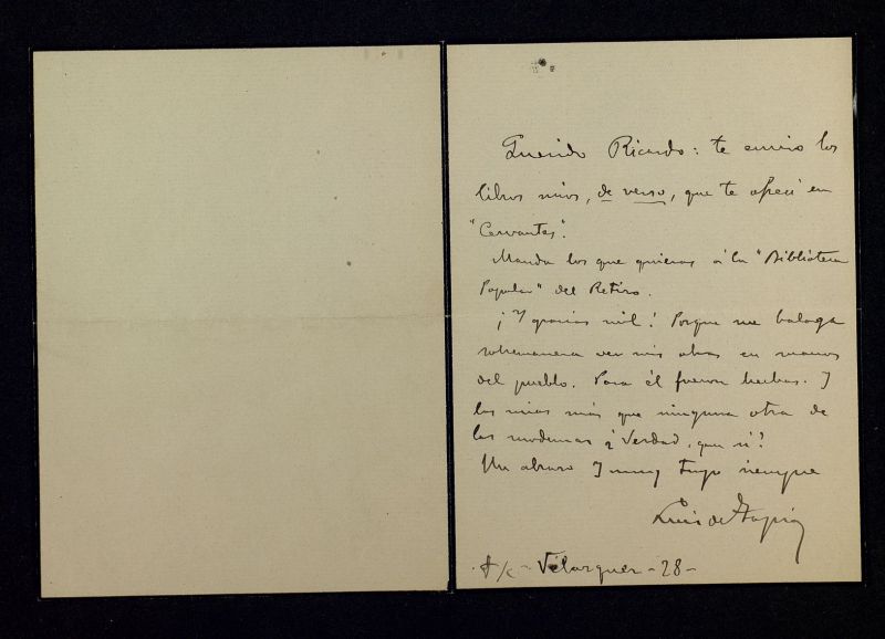 Carta de Luis de Tapia a Ricardo Fuente remitiéndole libros suyos de poesía para la Biblioteca Popular del Retiro