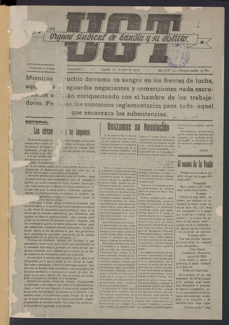 U.G.T: rgano sindical de Ganda y su distrito del 17 de julio de 1937