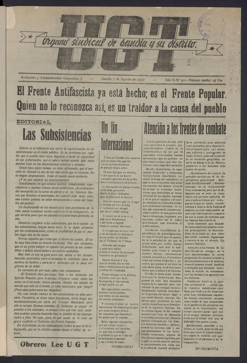 U.G.T: rgano sindical de Ganda y su distrito del 7 de agosto de 1937