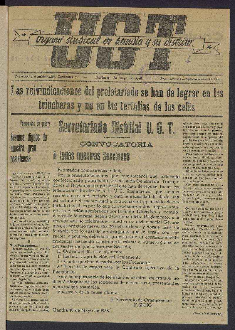 U.G.T: rgano sindical de Ganda y su distrito del 21 de mayo de 1938
