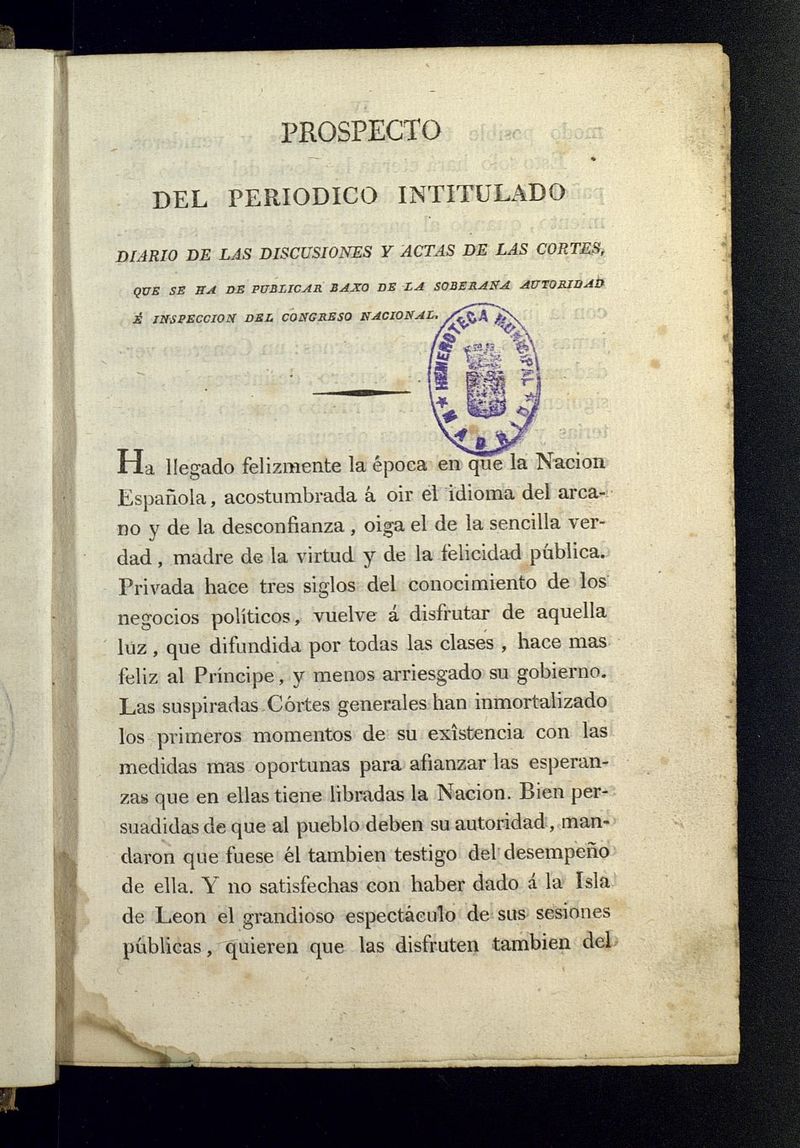 Diario de las discusiones y actas de las Cortes del ao de 1810, n prospecto