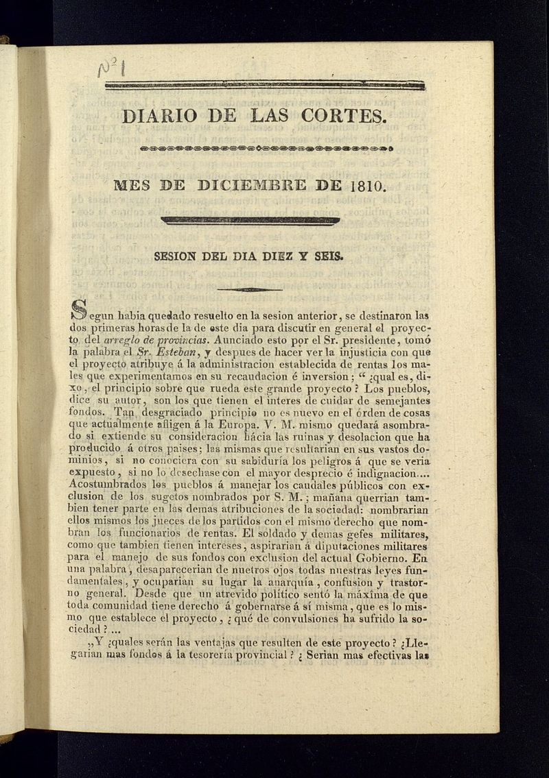 Diario de las discusiones y actas de las Cortes de diciembre de 1810, n 1