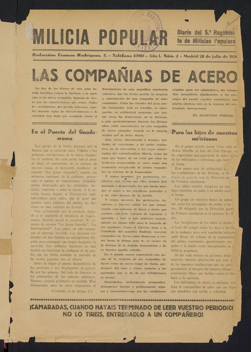 Milicia Popular: diario del 5 Regimiento de Milicias Populares del 28 de julio de 1936