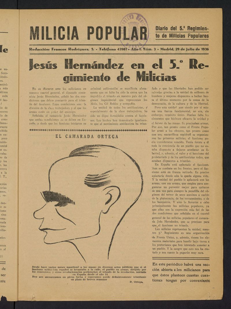 Milicia Popular: diario del 5 Regimiento de Milicias Populares del 29 de julio de 1936