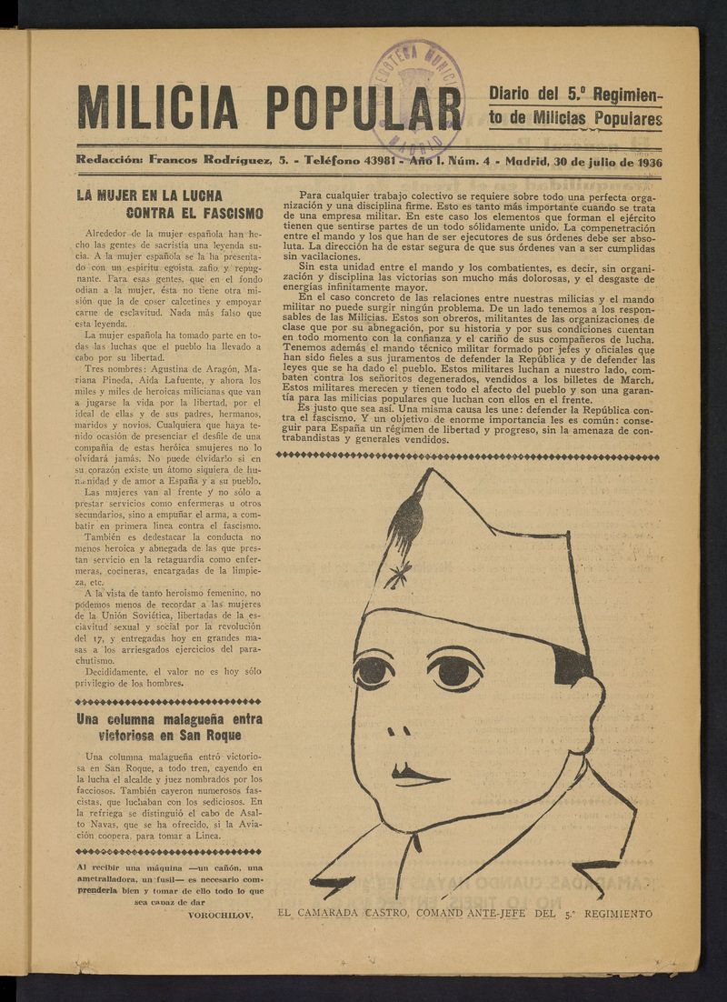 Milicia Popular: diario del 5 Regimiento de Milicias Populares del 30 de julio de 1936