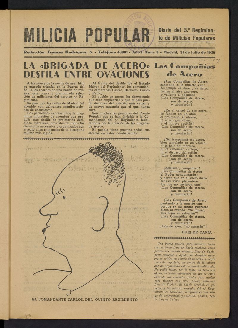Milicia Popular: diario del 5 Regimiento de Milicias Populares del 31 de julio de 1936
