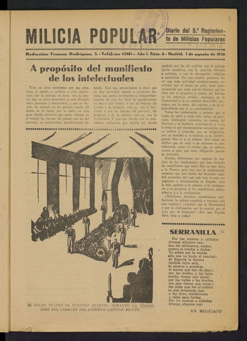 Milicia Popular: diario del 5 Regimiento de Milicias Populares del 1 de agosto de 1936
