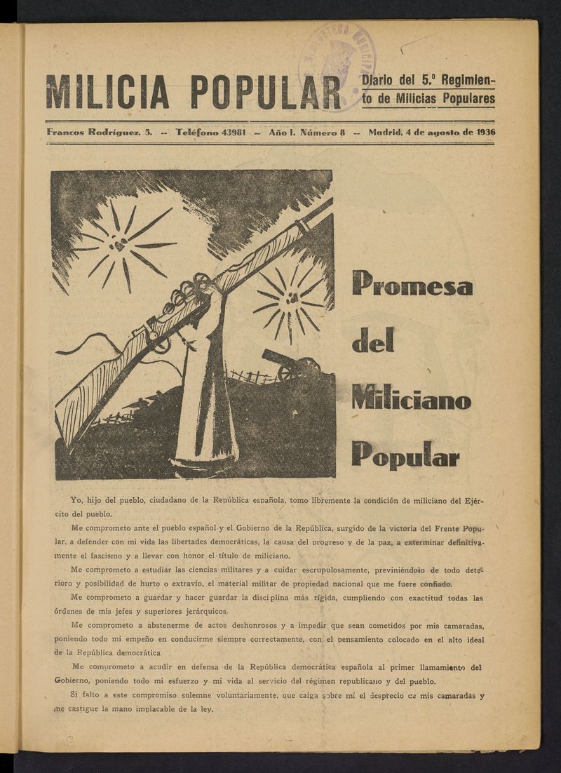 Milicia Popular: diario del 5 Regimiento de Milicias Populares del 4 de agosto de 1936