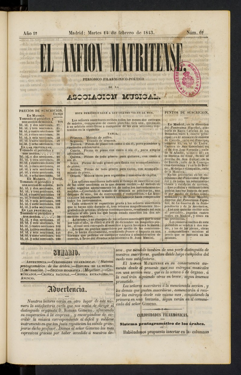 El Anfin Matritense del 14 de febrero de 1843
