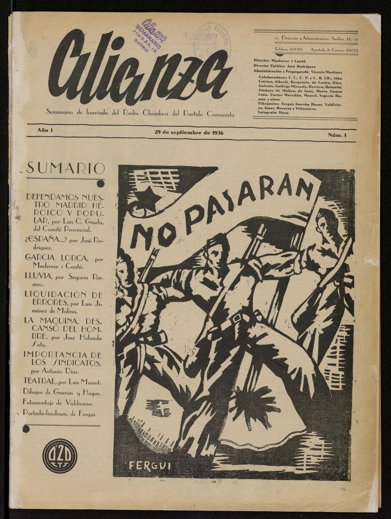 Alianza: semanario barriada Chamber Partido Comunista del 29 de septiembre de 1936