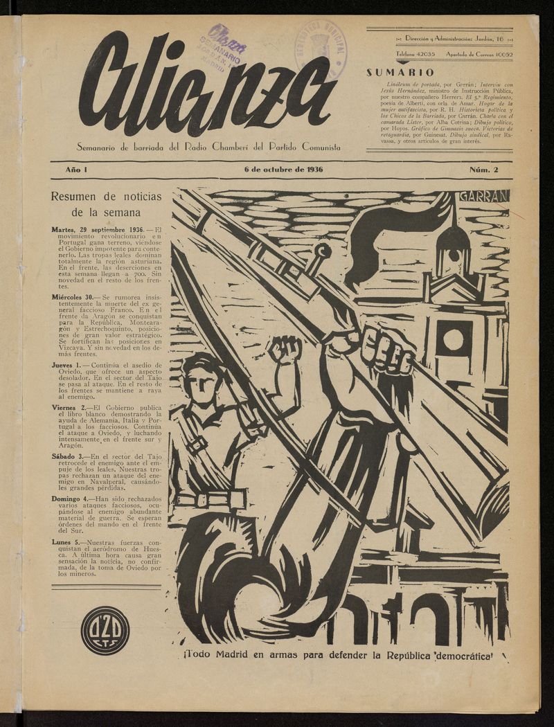 Alianza: semanario barriada Chamber Partido Comunista del 6 de octubre de 1936