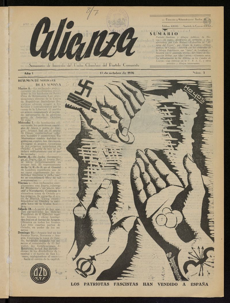 Alianza: semanario barriada Chamber Partido Comunista del 13 de octubre de 1936