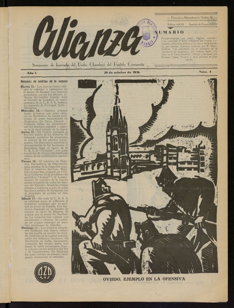 Alianza: semanario barriada Chamber Partido Comunista del 20 de octubre de 1936