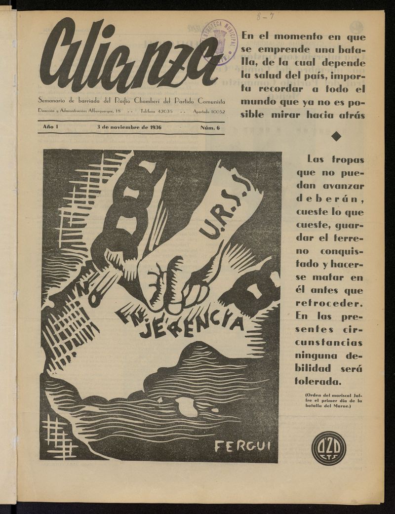 Alianza: semanario barriada Chamber Partido Comunista del 3 de noviembre de 1936