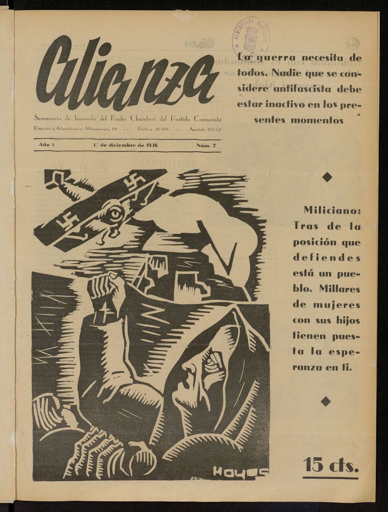 Alianza: semanario barriada Chamber Partido Comunista del 1 de diciembre de 1936