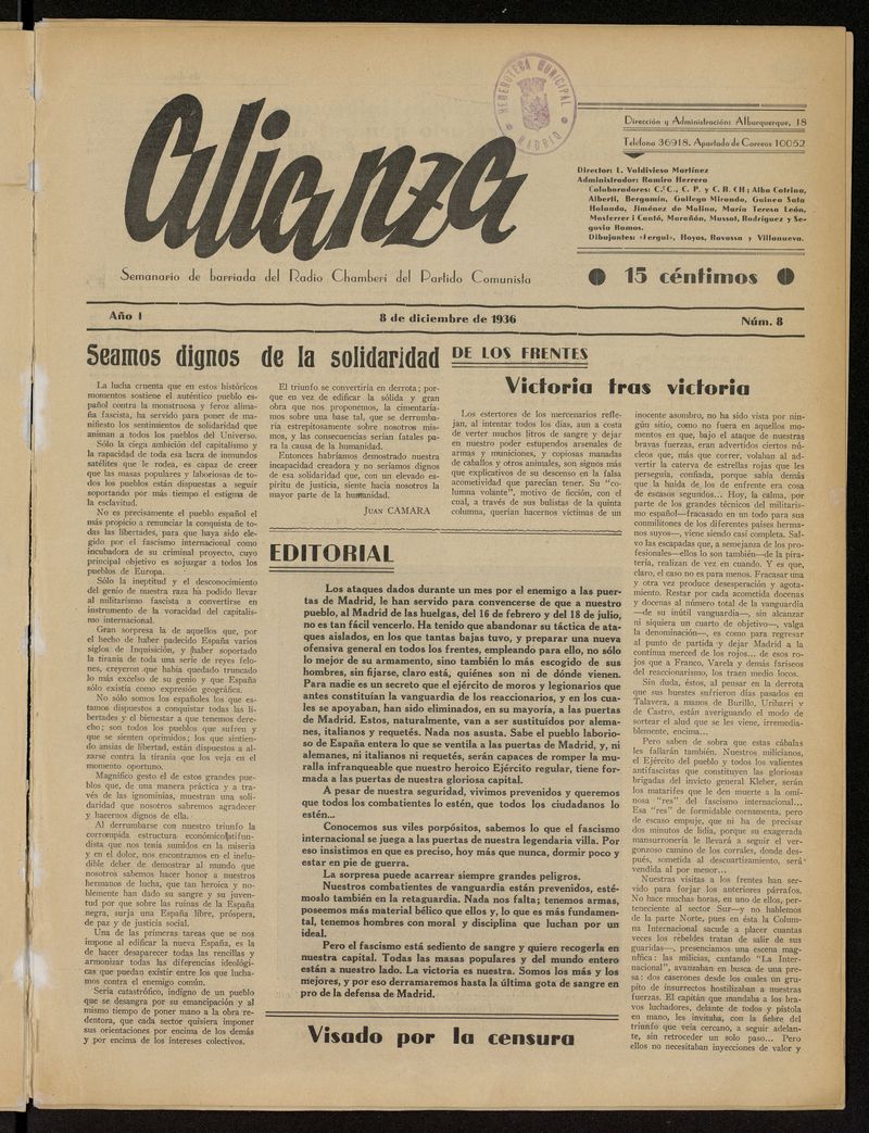 Alianza: semanario barriada Chamber Partido Comunista del 8 de diciembre de 1936