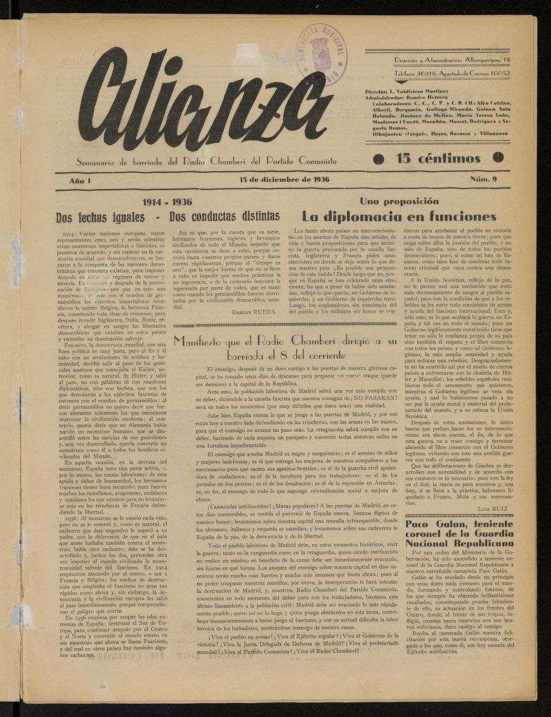 Alianza: semanario barriada Chamber Partido Comunista del 15 de diciembre de 1936