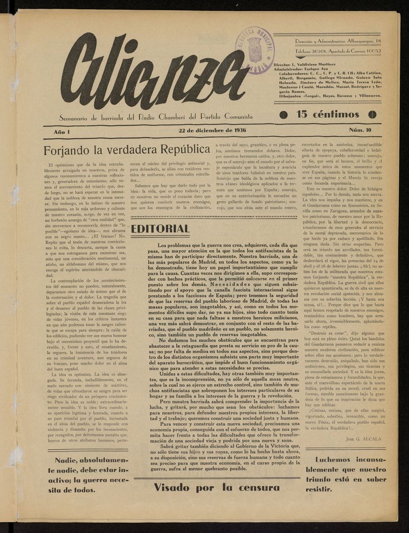 Alianza: semanario barriada Chamber Partido Comunista del 22 de diciembre de 1936