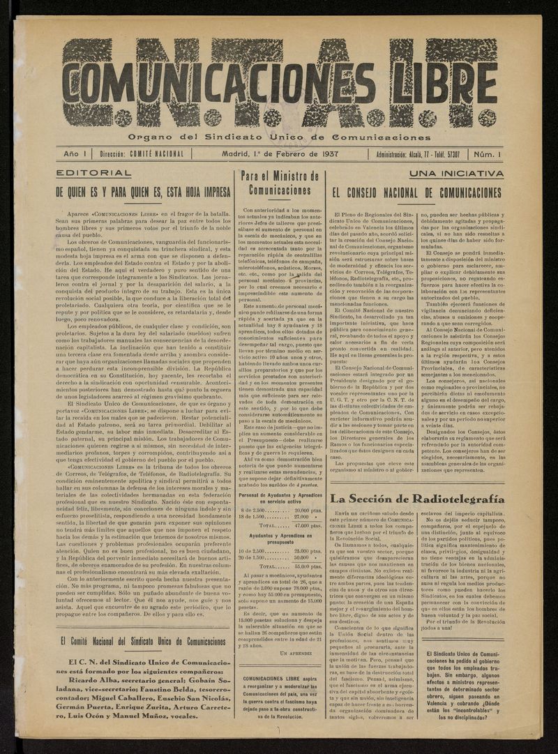 Comunicaciones Libre del 1 de febrero de 1937