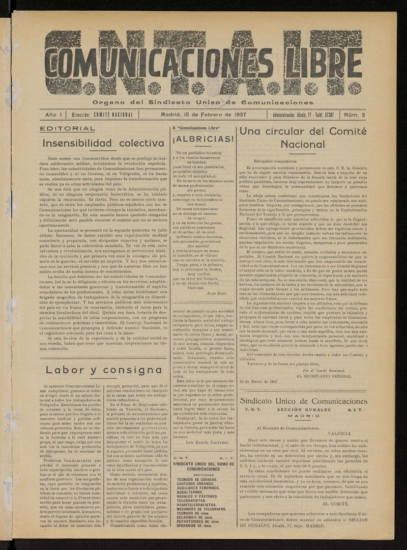 Comunicaciones Libre del 15 de febrero de 1937
