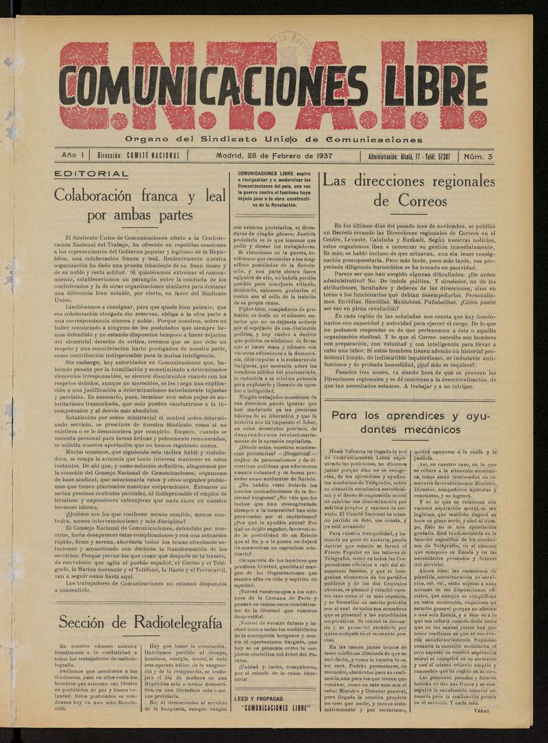 Comunicaciones Libre del 28 de febrero de 1937