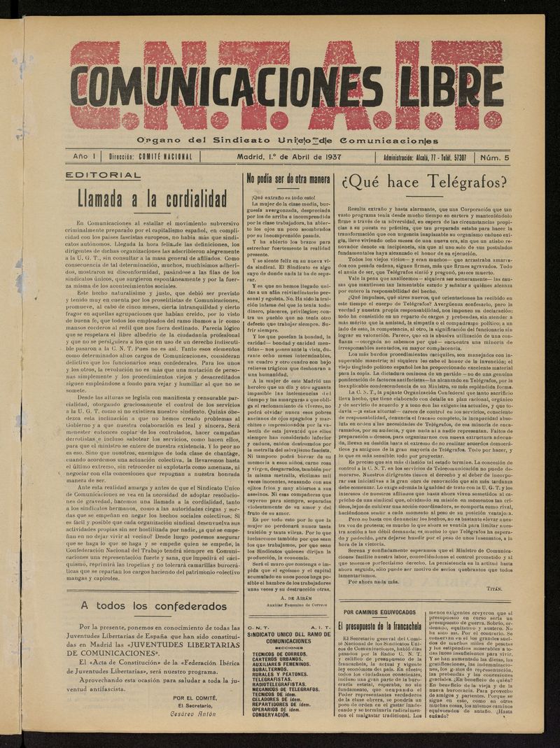 Comunicaciones Libre del 1 de abril de 1937