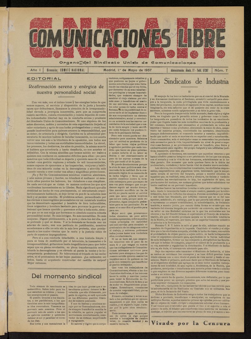 Comunicaciones Libre del 1 de mayo de 1937