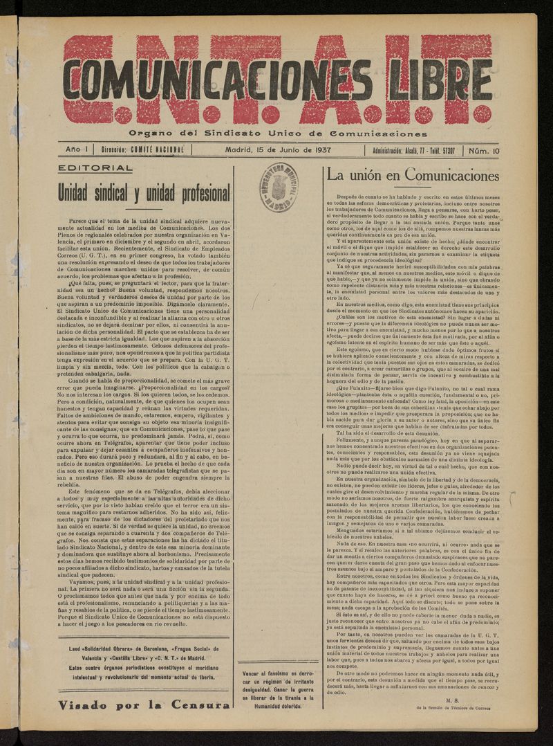 Comunicaciones Libre del 15 de junio de 1937