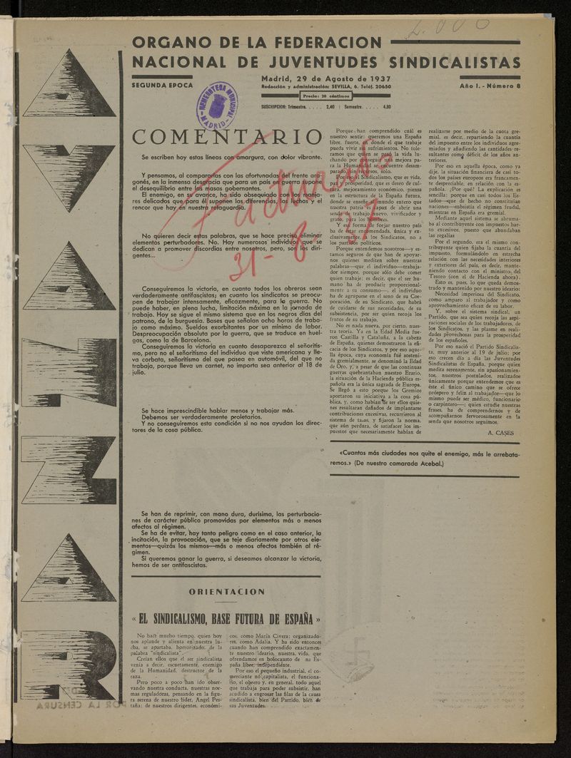 Avanzar (Madrid) del 29 de agosto de 1937