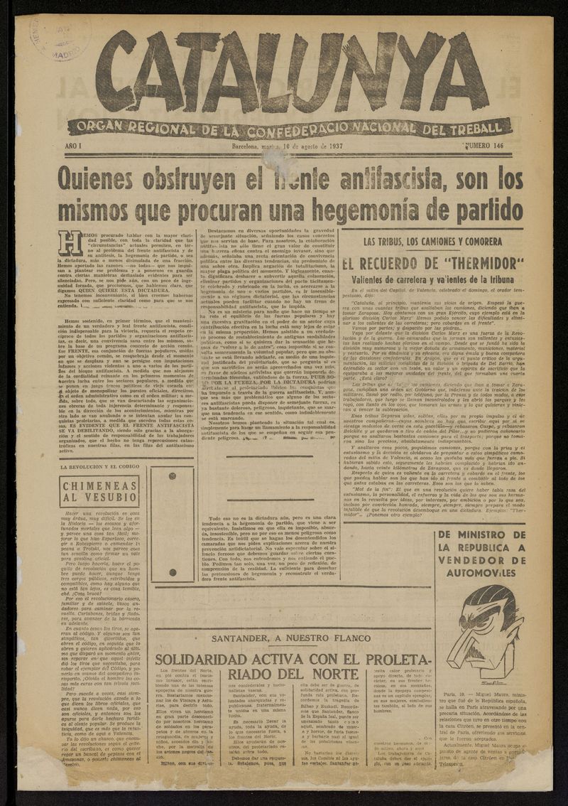 Catalunya: rgan regional de la confederacin nacional del treball del 10 de agosto de 1937