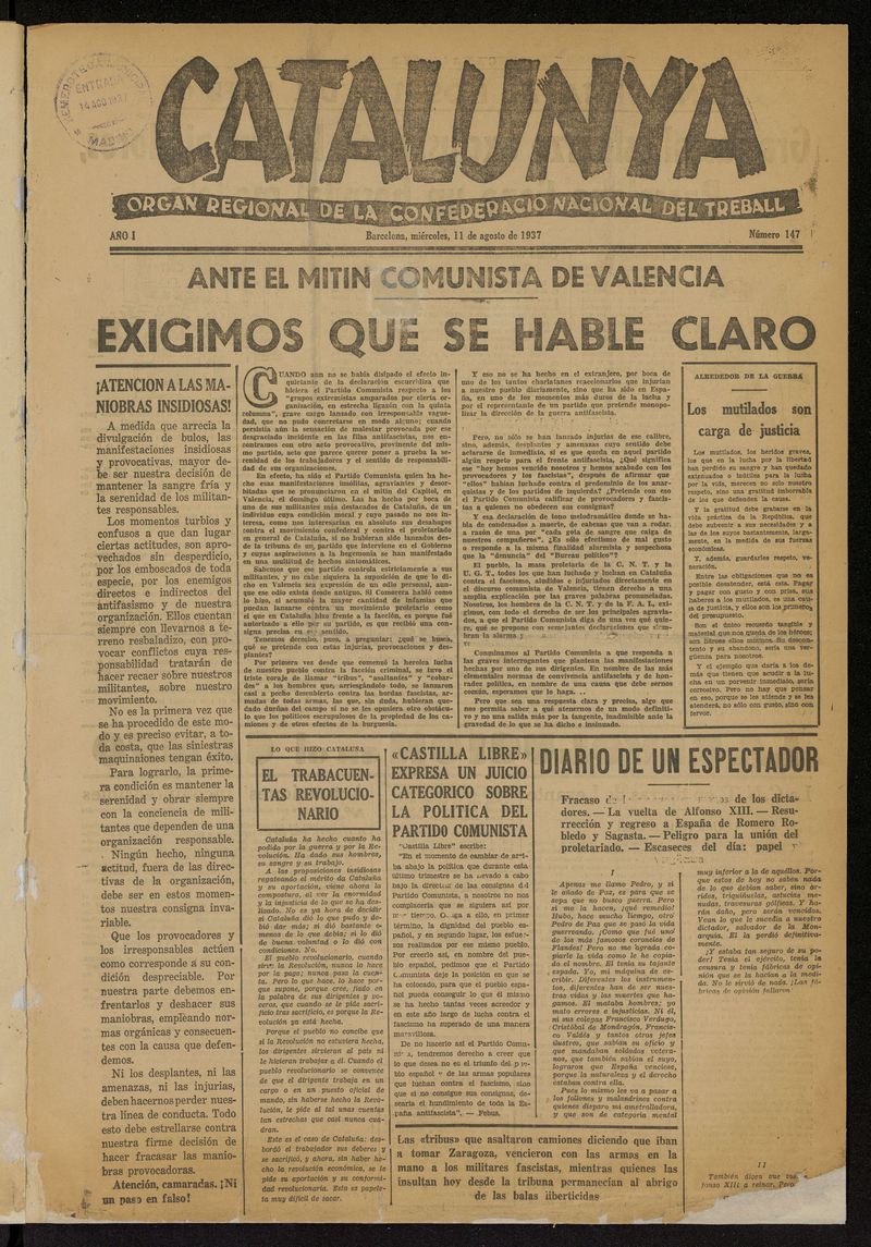 Catalunya: rgan regional de la confederacin nacional del treball del 11 de agosto de 1937