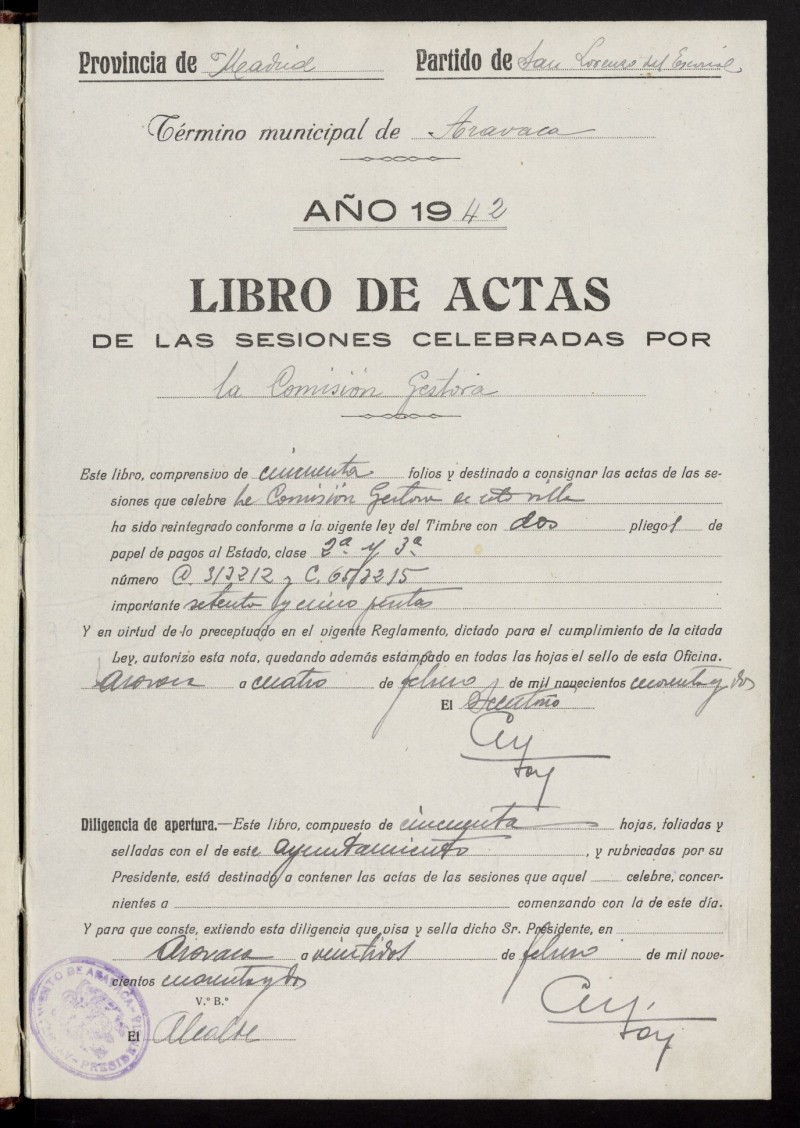 Libro de Actas del Ayuntamiento de Aravaca. Tomo 172 de los años 1942 a 1946