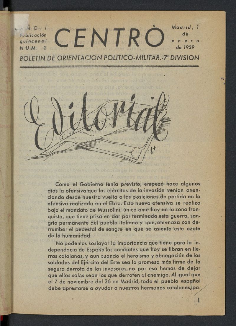 Centro: Boletín de Orientación Político-Militar 7ª división del 1 de enero de 1939