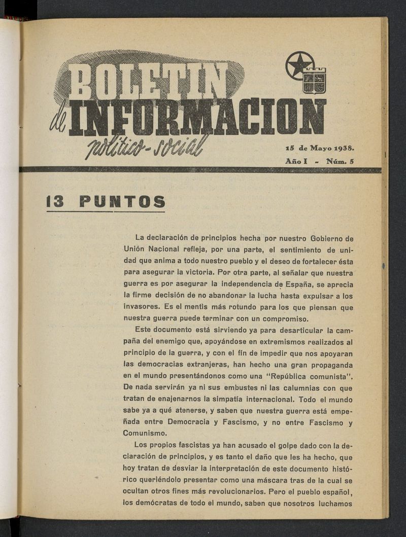 Boletn Informacin Poltico-Social (1938-1939) del 15 de mayo de 1938